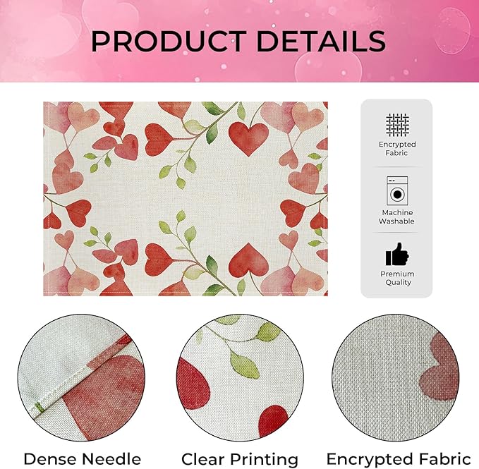 Valentine Placemats Set of 4, 12x18 Inch Floral Love Hearts Table Mats, Seasonal Anniversary Holiday Valentines Day Table Decorations for Kitchen Dining Home Party Decor