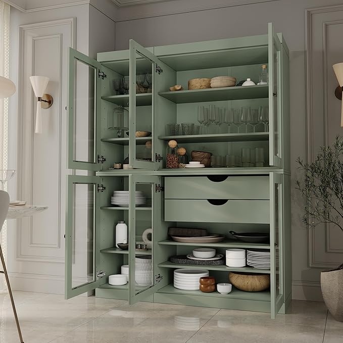 Palace Imports 100% Solid Wood 48.5" Pantry China Cabinet with Clear Glass Doors, 2-Drawers and Adjustable Shelves (Sage)