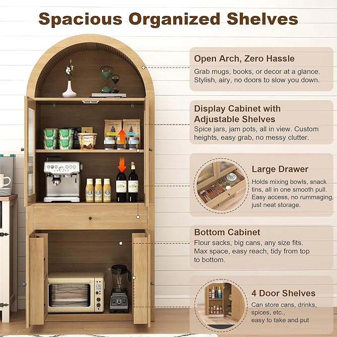 Hadulcet 71" Tall Arched Kitchen Pantry Cabinet, Farmhouse Kitchen Storage Cabinet with Drawers & 4 Doors, Adjustable Shelves, Acrylic Fluted Panel, Wood Cupboard Buffet Organizer, Light Wood