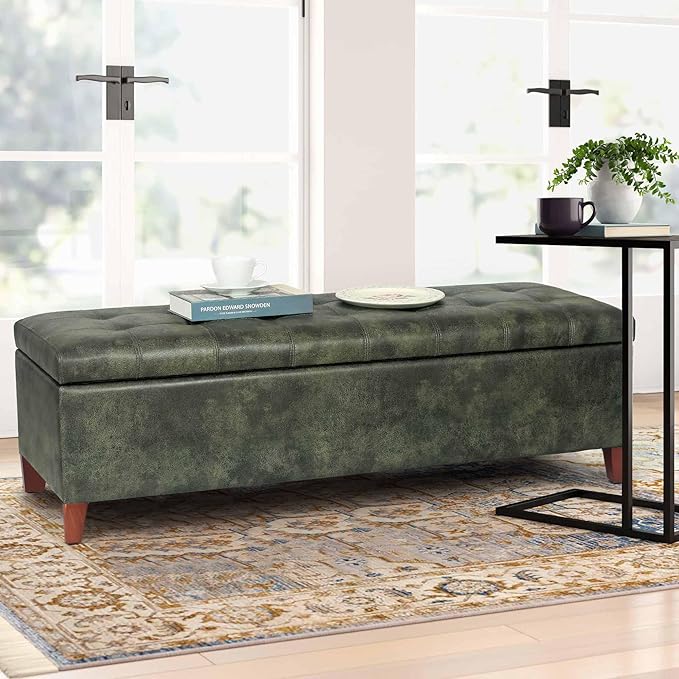 DECO DE VILLE Ottoman with Storage, 51 Inch End of Bed Storage Ottoman Bench, Faux Leather Upholstered Ottomans with Hinged Lid, Rectangle Long Foot Rest Bench for Living Room Bedroom Dark Green