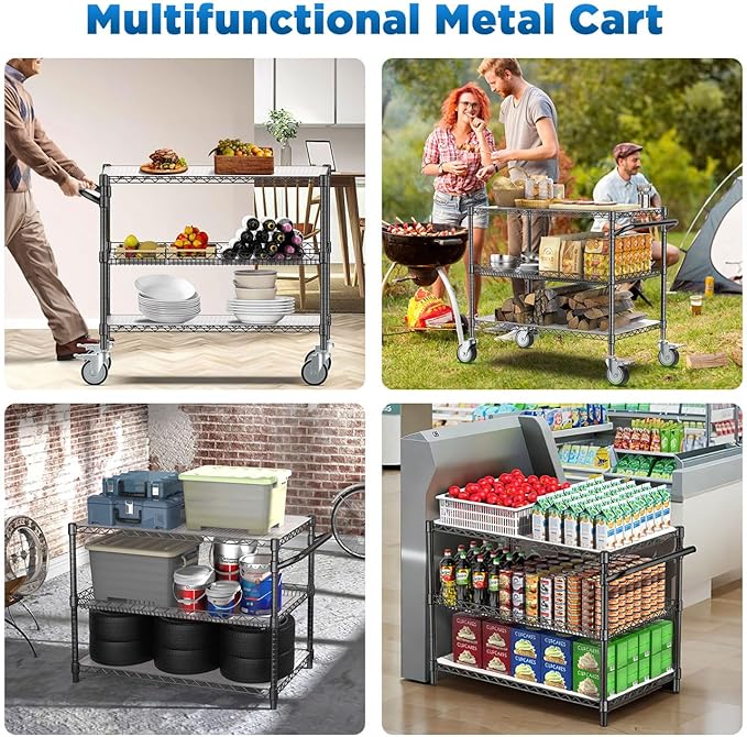 Leteuke Heavy Duty Rolling Utility Cart, 45 Inch Kitchen Carts with Wheels, NSF Commercial Grade with Handle & Shelf Liners, 1120LBS Storage Cart for Kitchen,Restaurant,Plant Display-Black