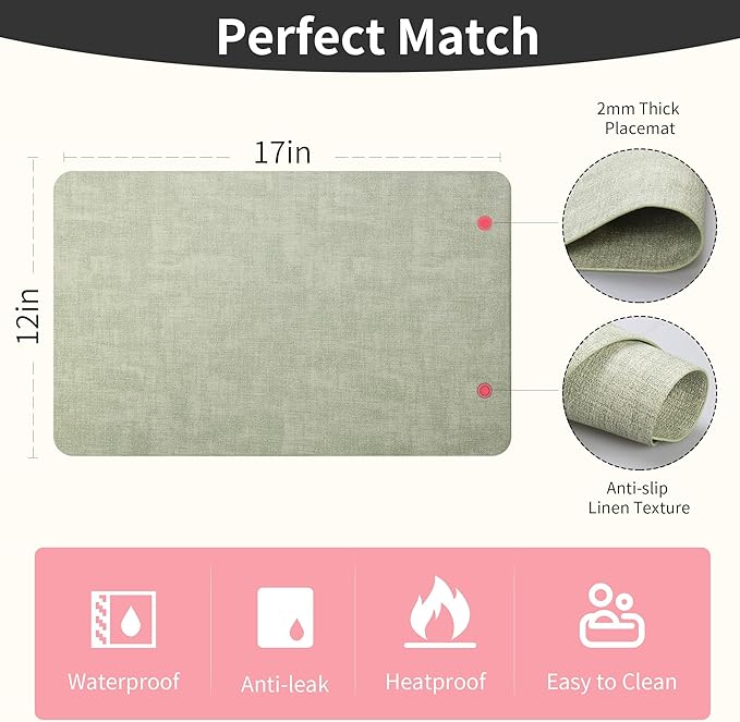 Maxpearl Faux Leather Placemats Set of 8 ??Waterproof, Wipe Clean, Heat Resistant, Non-Slip Dining Table Mats for Indoor & Outdoor Use, 17?씳?2?? Sage Green