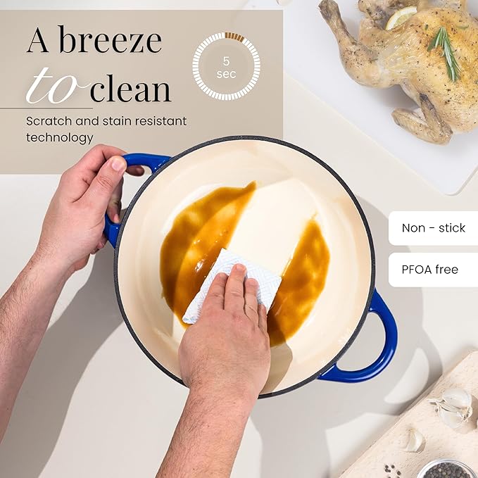 Nuovva Enamelled Cast Iron Dutch Oven Pot with Lid ??6.4 Quart Non Stick Casserole Pot ??Heavy Duty & Oven Safe up to 500째 F for Bread Baking, Braising, Stews, Roasting ??28cm Dark Blue