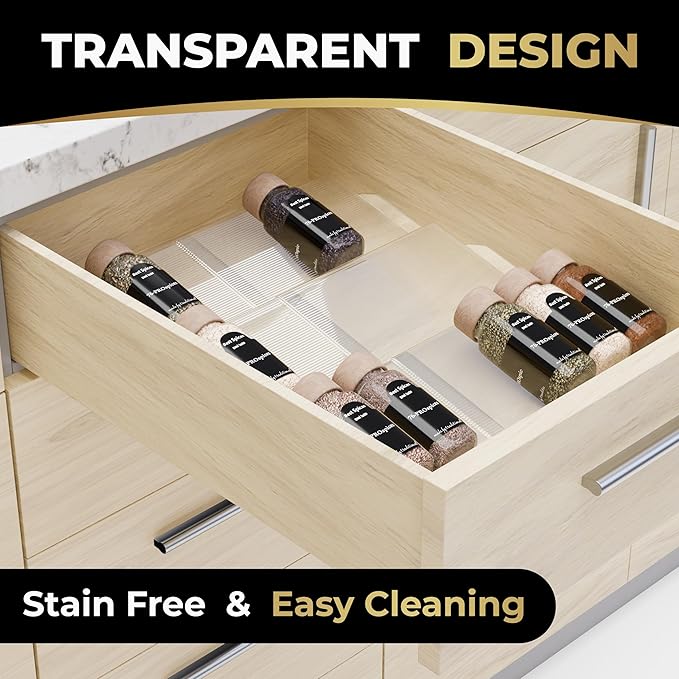 LEVANI Spice Drawer Organizer ??3 Large Tiers, Anti-Slip Grips, Narrow to Standard Drawer Size - Expandable from 8 ??15 inches Wide, Clear Durable Acrylic Spice Rack, No Sliding in Kitchen Drawers