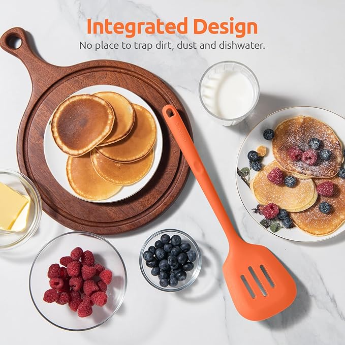 600쨘F Heat Resistant Slotted Turner: U-Taste 13.6in Silicone Kitchen Spatula Flipper, 3.74in Wide Food Grade Flexible Thin Rubber Cooking Utensil for Egg, Pancake, Cookie in Nonstick Cookware (Orange)