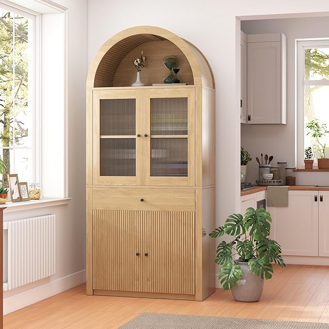 Hadulcet 71" Tall Arched Kitchen Pantry Cabinet, Farmhouse Kitchen Storage Cabinet with Drawers & 4 Doors, Adjustable Shelves, Acrylic Fluted Panel, Wood Cupboard Buffet Organizer, Light Wood