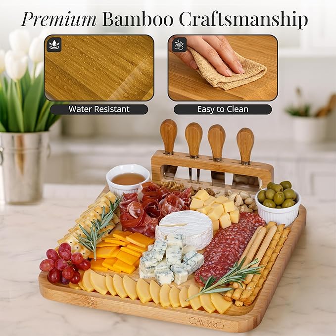 Charcuterie Board Set ??Bamboo Cheese Platter with Knives, Bowls & Round Tray ??Eco-Friendly Gift for Housewarming, Weddings & Parties ??Wood Serving Board for Entertaining