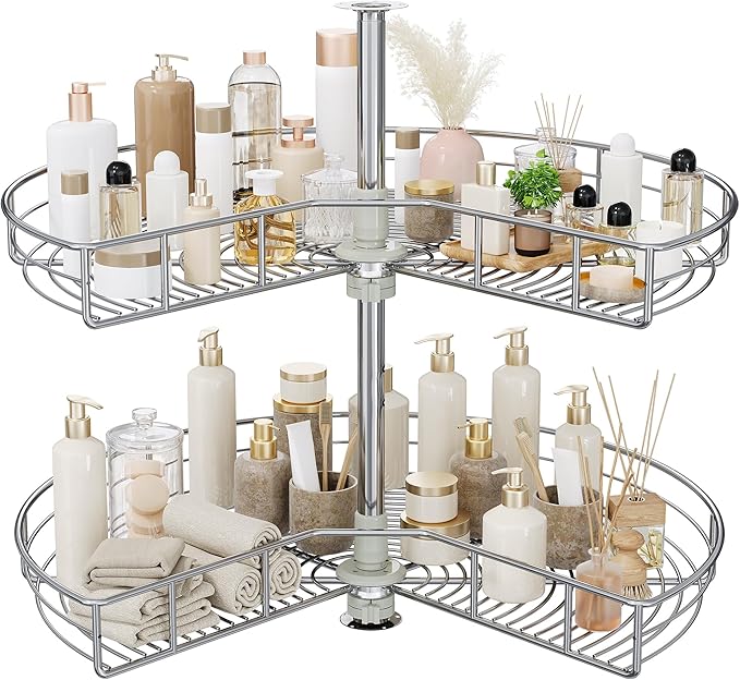 DWVO 31??Kidney 2-Tier Lazy Susan ??Telescoping Mount Corner Cabinet Organizer with Pie-Shelf Design, for Bathroom,Kitchen Cabinet Blind Corners (Chrome, 270째 Adjustable)