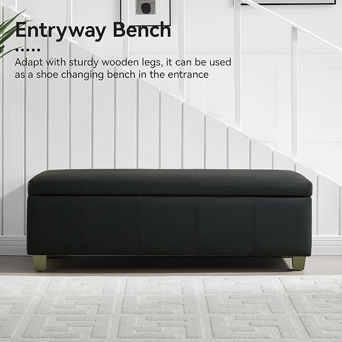 WUTUTUEE 51" Faux Leather Storage Ottoman, Stitch Tufted Rectangle Upholstered End of Bed Storage Bench, Entryway Large Couch Ottoman with Wooden Legs, Dark Black