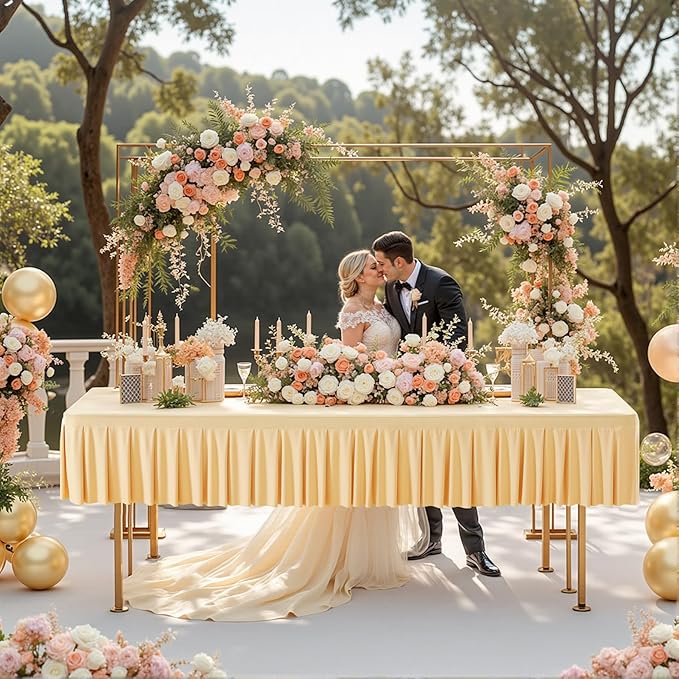 Wish Care Champagne Spandex Table Clothes for 8 Foot Rectangle Tables Wrinkle Free Stretch Fitted Tablecloths 8ft Pleated Ruffle Elastic Table Cover Skirt for Wedding Birthday Banquet Party Tablecloth