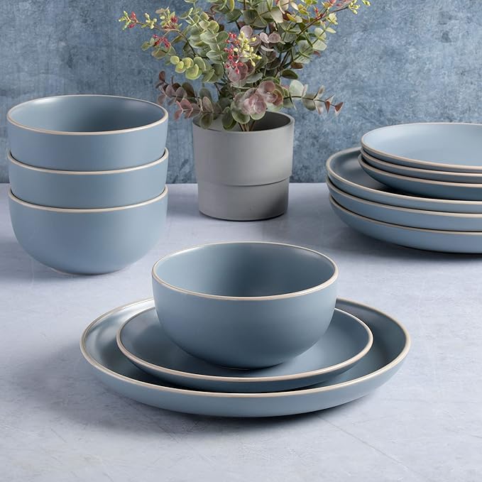 Gibson Home Rockaway 12-Piece Round Stoneware Dinnerware Set, Service for 4 ??Blue Plates and Bowls, Microwave & Dishwasher Safe