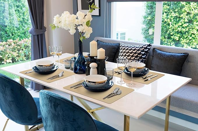 More D챕cor Faux Leather Placemats Set of 6 for Dining Table ??Waterproof, Wipeable, Washable, Stain & Heat Resistant, Non-Slip Table Mats ??12 X 17 Inch, (Solid Beige 6)