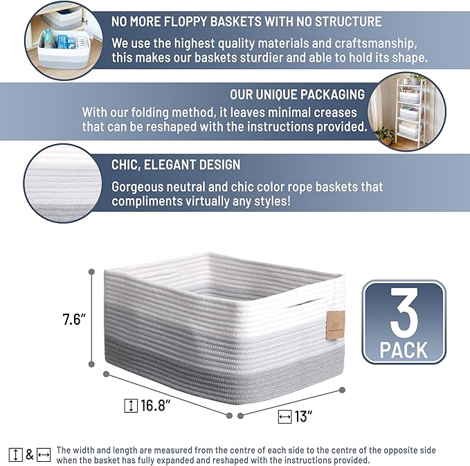 NaturalCozy Storage Baskets 16.8?쓝13?쓝7.6??Cotton Rope Woven Baskets for Organizing 3-Pack | Toy Storage Bins | Basket for Shelves, Laundry, Blanket, Clothes, Closet, Kitchen, Bathroom, Gifts