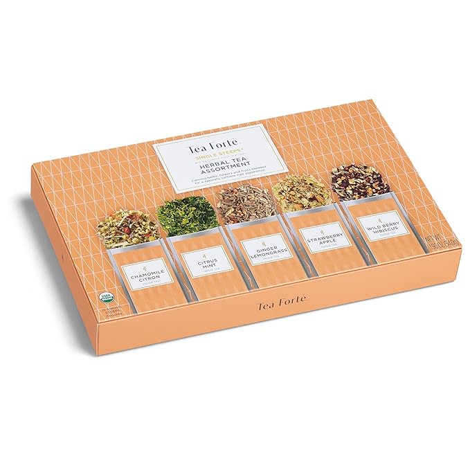 Tea Forte Herbal Tea Assortment Single Steeps Loose Leaf Premium Tea Gift Set Sampler, 15 Count 3 of Each Assorted Blends, Pre-Portioned Single Serve Pouches, Steeps 12 oz