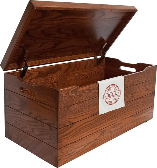 Hope Woodworking Amish Made Wooden Storage Chest Trunk Box with Lid and Handles for Bedroolanket, Clothes, Anti-Slam Hinges, Handmade, Rustic, Oak Wood, Michaels Stain, 36"