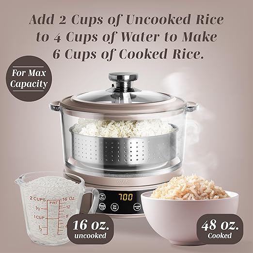 COOK WITH COLOR 3L Glass Mini Low Carb Rice Cooker ??Holds 2 Cups Raw/Makes 6 Cups Cooked with Auto Lift Filter Basket, Hotpot & Steamer for Rice, Grains, Digital Panel with Keep Warm, Goat/Mink