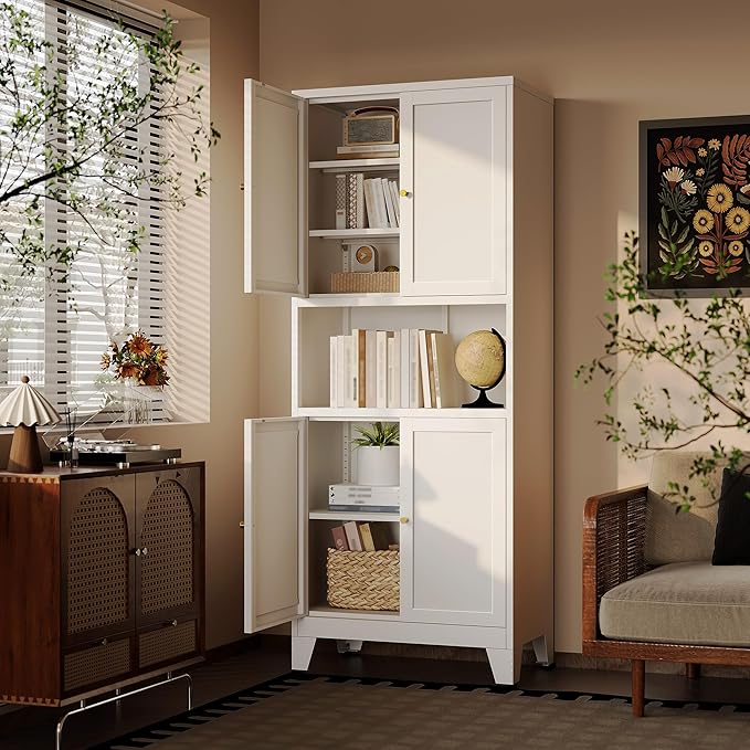 69"H Kitchen Pantry Cabinet with Countertop and Microwave Shelf,Metal Microwave Stand Cabinet with Storage竊똚hite Farmhouse Food Storage cabinet,Tall Freestanding Pantry Cabinets for Dining Room