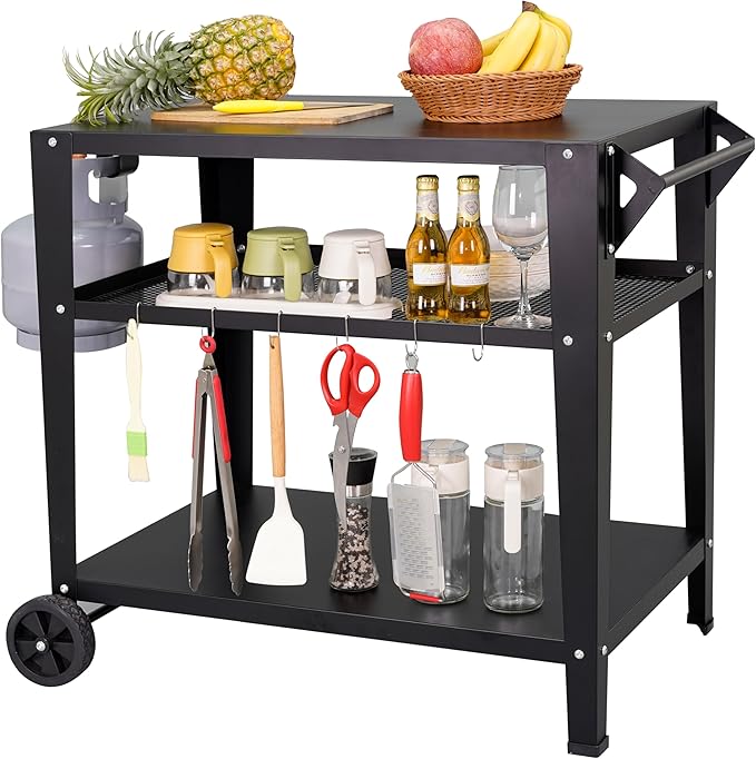 LEETOLLA Black Outdoor Grill Cart with Wheels, Heavy-Duty 3-Tier BBQ Prep Table for Pizza Oven, Griddle, Patio ??Rustproof Commercial Kitchen Cart with Tool Hooks
