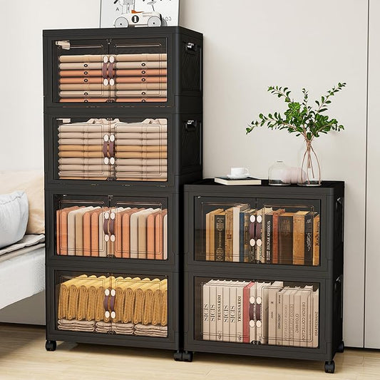 Storage Bins with 2 Lids and Wheels, 660QT-110QT*6Tier Collapsible Bathroom Storage Cabinet with Clear Doors, Plastic Stackable Closet Organizers and Containers Black