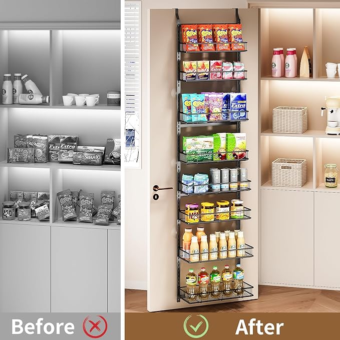 Over The Door Pantry Organizer, 8-Tier Over The Door Organizer with Adjustable Baskets, Metal Hanging Spice Rack for Pantry Organizers and Storage, Suitable for Kitchen Laundry Room & Bathroom,Black