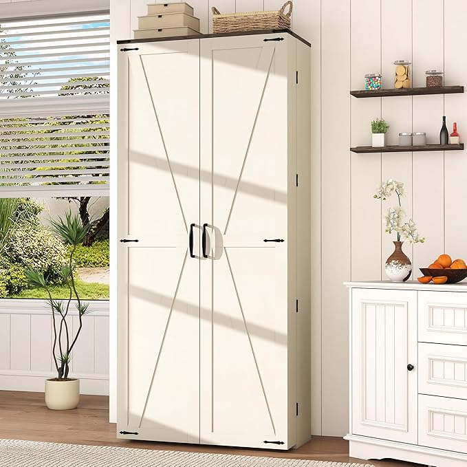 Tall Kitchen Pantry Cabinet: 67" Off White Farmhouse Pantry Cabinet for Kitchen Storage, Large Wood Food Storage Cabinet with Doors, Freestanding Food Cupboard
