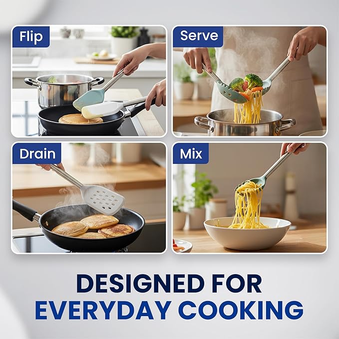 5-Piece Silicone Kitchen Utensils Set Non Toxic, Heat-Resistant & Non-Stick with Stainless Steel Handles, BPA-Free Silicone Cooking Utensils, Slotted Turner, Solid Spoon, Pasta Server, Dishwasher Safe