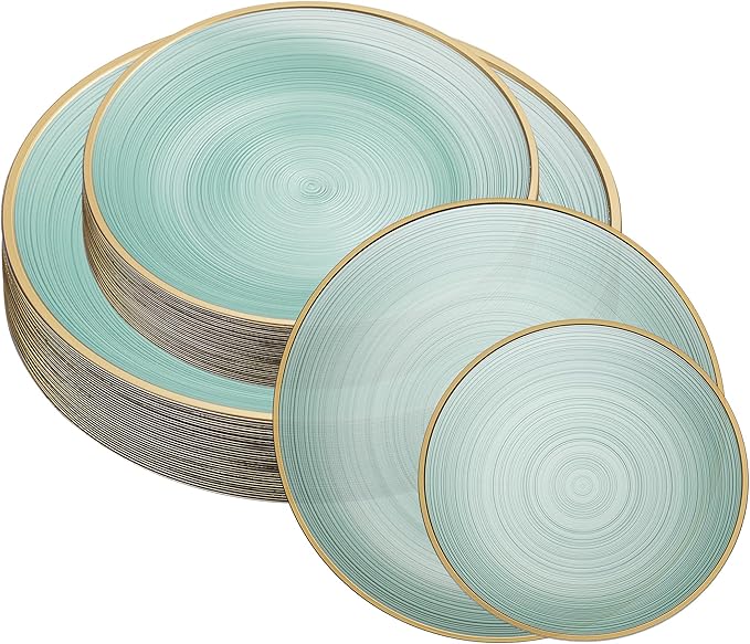 PLASTICPRO 32 Pieces Crystal Design Plastic Plates Combo Pack 7 inch and 10 inch Gold Rim Elegant Disposable Plates, Transparent Green