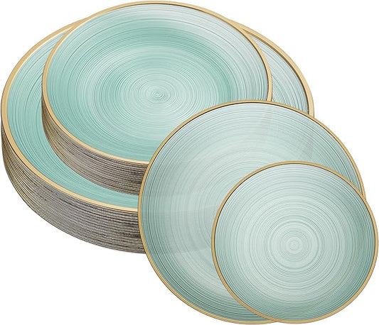 PLASTICPRO 32 Pieces Crystal Design Plastic Plates Combo Pack 7 inch and 10 inch Gold Rim Elegant Disposable Plates, Transparent Green