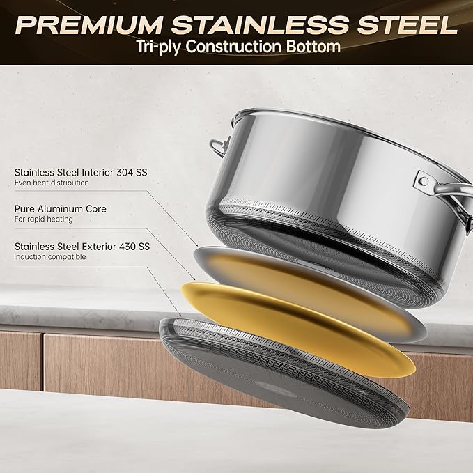 Hybrid Nonstick 4-Quart Stockpot,9.5 Inch Stainless Steel Stockpot with Glass Lid,PFAS PFOA PTFE Free, Dishwasher-Friendly,Oven-Safe Up to 600째F,Non-stick Soup Pot Compatible with All Cooktops