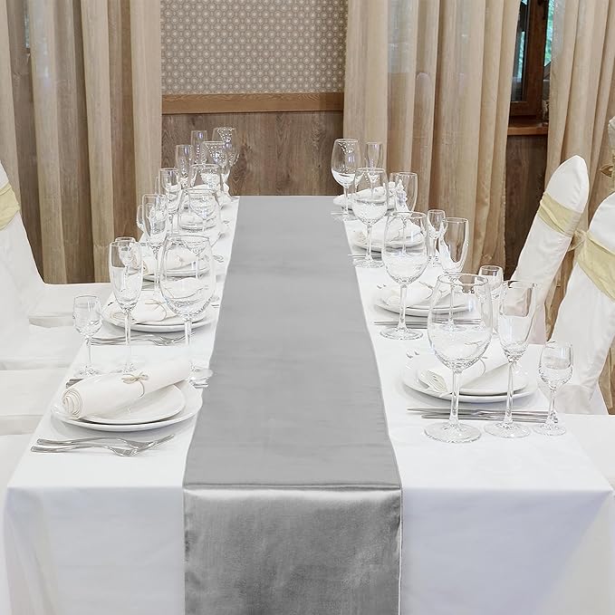 Aneco 4 Pack Satin Table Runner 12 x 108Inch Long Bright Silk and Smooth Fabric Party Table Runner for Wedding Banquet Party Decoration-Silver Gray