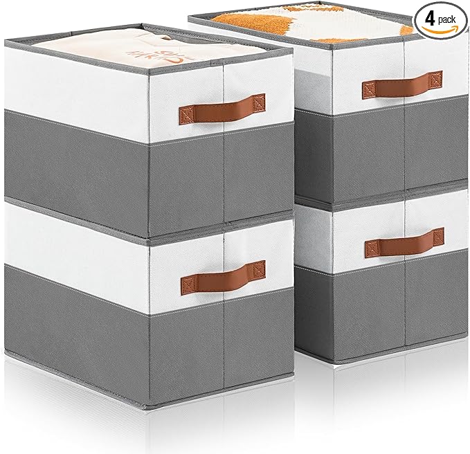 Euct 4 Pack Large Storage Bins with Handle,Collapsible Storage Basket for Shelves,Fabric Closet Organizer for Organizing Clothes Blanket,Decorative Dorm Organizers and Storage