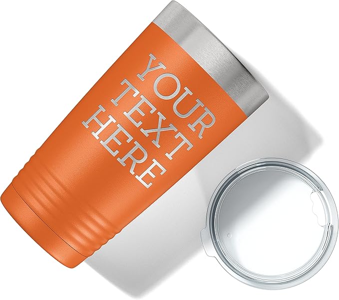 Personalized 20oz (17 Colors) Powder Coated Insulated Stainless Steel Tumbler with Lid, Custom Etched, Customized Text Message Name, Engraved Gift Idea Women Men Him Her, Your Text Here (Orange)