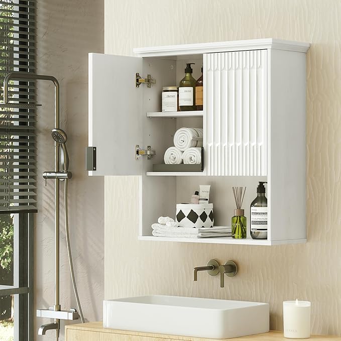 FLOWBACK Wall Mount Bathroom Cabinet, Wooden Medicine Cabinet Storage Organizer with Fluted Doors and Adjustable Shelf, Over The Toilet Space Saver Storage Cabinet (White)