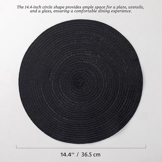 Round Placemats Set of 4 Woven Placemats Washable Braided Table Mats for Dining Table Heat Resistant Non-Slip Circle Place Mats(Black)