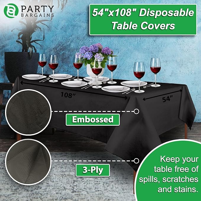 PARTY BARGAINS Disposable Table Covers, 54 x 108 Inch, Black, 3-Ply Paper & Plastic Spill-Resistant Party Tablecloths, 5 Pack