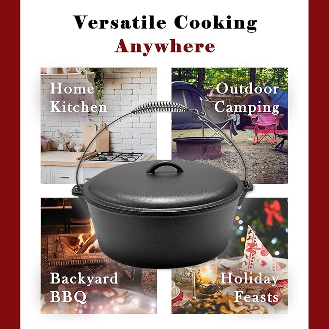 Cuisiland 12 Quart Cast Iron Dutch Oven with Dome Lid & Bail Handle ??Pre-Seasoned Large Campfire Pot for Outdoor Cooking, Roasting, Baking & Stews ??Heavy-Duty Cookware with Even Heat Distribution