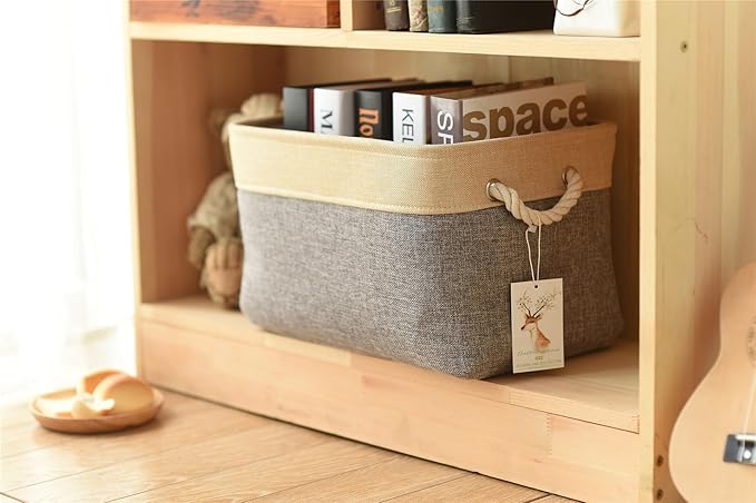 TheWarmHome Storage Basket - 15.7L횞11.8W횞8.3H 1 Pack Large Baskets for Organizing Shelves, Storage Bins for Clothes Book Shelf Home Fabric Storage Cubes (Gold and Grey)