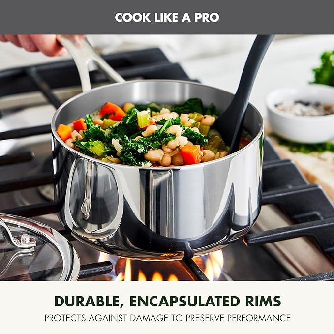 GreenPan Valencia Tri-Ply Stainless Steel 1.6QT Sauce Pan with Lid, Induction Ready, Mirror Finish, Dishwasher Safe & Oven/Broiler Safe to 600F, Compatible with All Cooktops, Chefs Cooking Pot