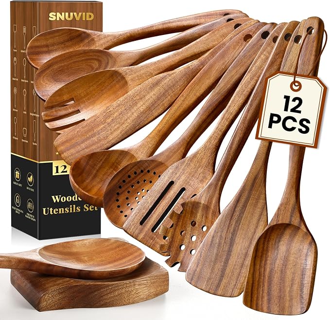 Wooden Spoons for Cooking, 12 Pcs Nonstick Wooden Cooking Utensils Set with Comfort Grip ??100% Natural Teak Wood - Sturdy, Lightweight & Heat Resistant Kitchen Utensils