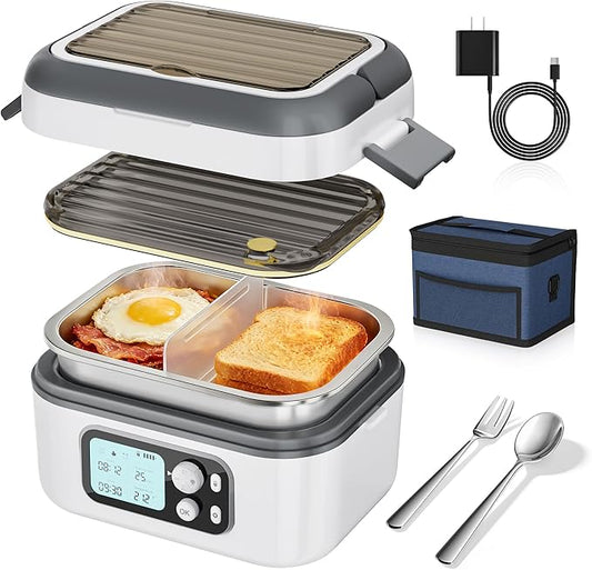 Yofidra Cordless Heated Lunch Box, 24000mAh 100W Electric Lunch Box with Smart Timer, 6.3-Cup Super Large Lunchbox for Men & Women, Portable Food Warmer with Insulated Bag for Outdoor/Office, White