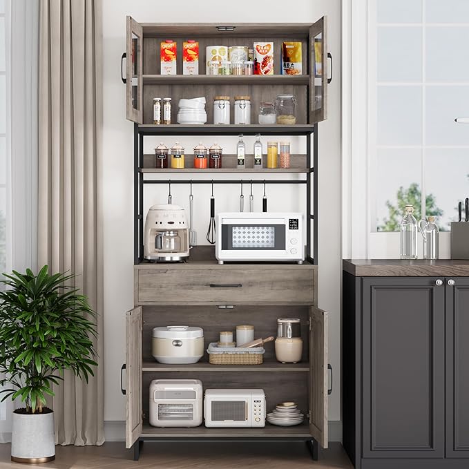 Hutch Cabinet with Storage, 71" H Kitchen Pantry Storage Cabinet with Microwave Stand, Hooks, Drawers for Home Bar, Kitchen, Dining Room, Industrial