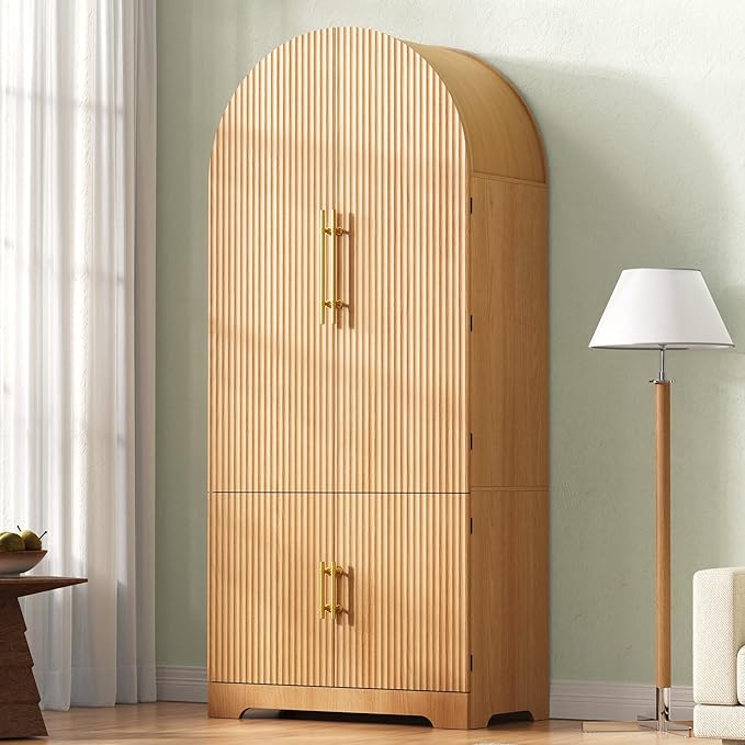 72" Tall Arched Kitchen Pantry Cabinet, Fluted Storage Cabinets with Hidden Drawer and 3 Adjustable Shelves, Cupboard with Door Shelves for Kitchen, Dining and Bathroom, Natural Wood