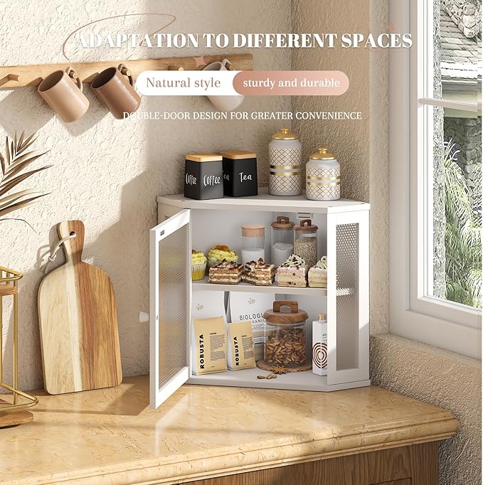 Corner Bread Box Kitchen Countertop Extra Large Capacity Farmhouse Bread Box, Corner Countertop Storage, Double Layer Bread Holder (White, Large)