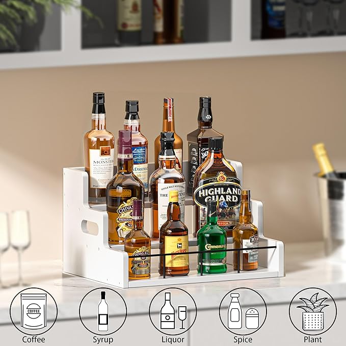 Liquor Bottle Display Shelf,Wood Syrup Organizer Rack,3 Step Countertop Organizer Wine Rack,Rustic Coffee Station Accessories for Syrup (White)