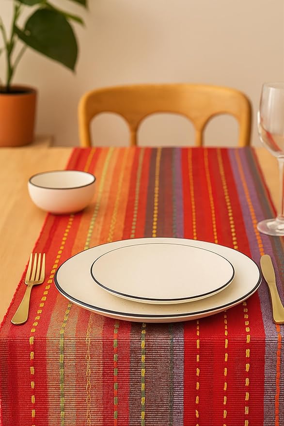 PurpleEssences Table Runner - Wide with Dobby Stripe, Heavy Ribbed Weave & Double Knot Fringes, 14x90 Inch (14x95.5 with Fringes) Boho Farmhouse Decor - Christmas Holiday Winter - Spice