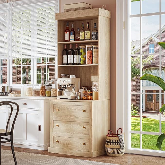 71" Tall Farmhouse Kitchen Pantry, Large Storage Cabinet with Glass Doors and Drawers, Freestanding Coffee Bar Hutch with Microwave Stand, Adjustable Shelves for Kitchen, Living Room, Brown 4 Pcs