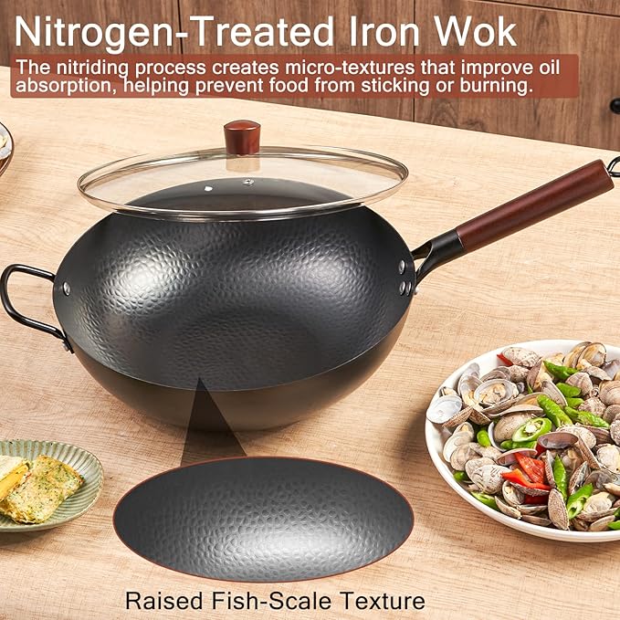 Wrought Iron Flat Bottom Wok with Glass Lid ??Detachable Wooden Handle, Non-Coated Naturally Nonstick Frying Pan for Gas, Electric & Induction Stoves (Black Wok with Helper Handle, 13.4 inch)