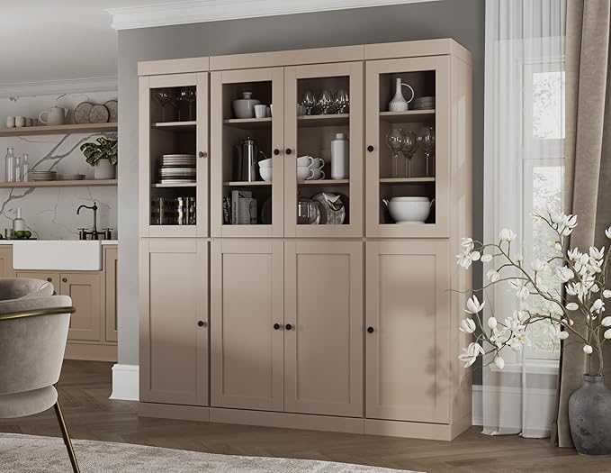 Palace Imports 100% Solid Wood Kitchen China Pantry Cabinet, 65" W - 4 Clear Glass & 4 Shaker Doors, Renewable Eco-Friendly Wood, Made in Brazil (Beige, 8 China/Shaker Doors | NO Drawers)