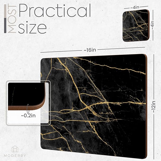 Moderry Set of 4 Heat Resistant Cork Placemats for Dining Table with Free Set of 4 Matching Drink Coasters Marble Design 16 x 12 Inches Cork Backed Hard Placemats (Black & Gold)