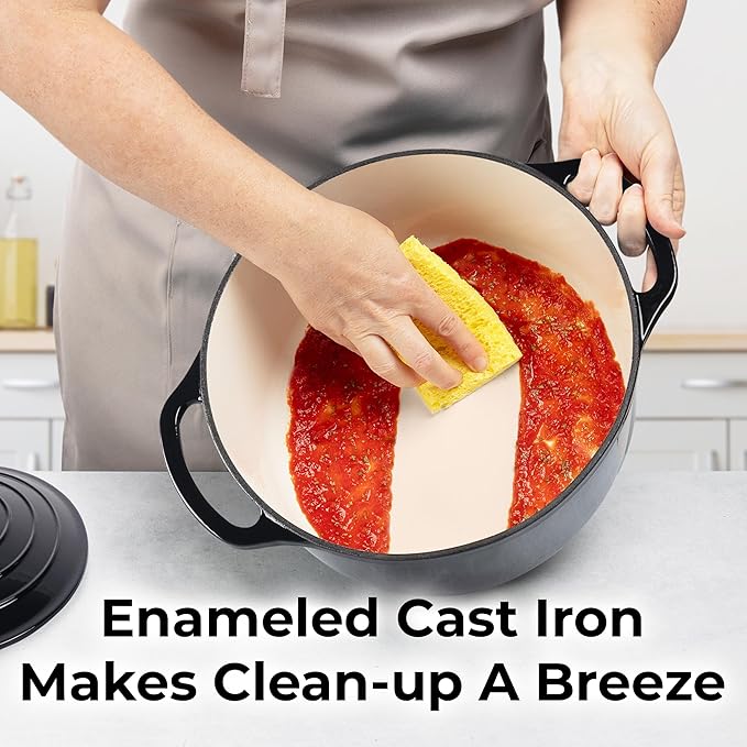 Zulay Kitchen 7.7 Quart Enameled Cast Iron Dutch Oven Pot with Lid ??Premium Durability & Oven Safe up to 500째F ??Heavy Duty Cookware Perfect for Bread Baking, Stews, Braising & Roasting ??Black